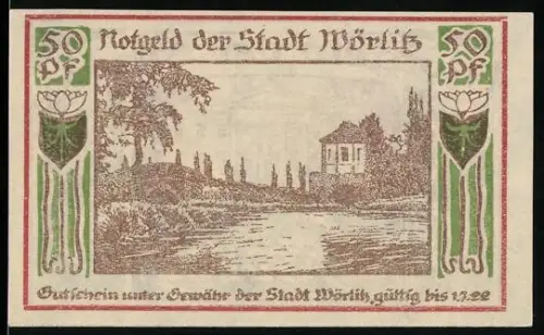 Notgeld Wörlitz 1922, 50 Pf, Landschaft mit Fluss und Gebäude, Schloss mit Pfau