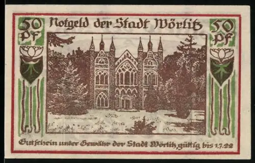 Notgeld Wörlitz 1922, 50 Pf, gotisches Gebäude und klassizistisches Haus mit Park