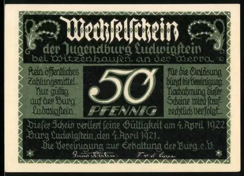 Notgeld Witzenhausen an der Werra 1921, 50 Pfennig, Burg Ludwigstein und marschierende Soldaten