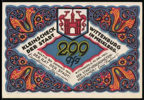 Notgeld Wittenburg i. Mecklbg 1921, 200 Pf, humorvolle Gesellschaftsszene und Wappen mit zwei Drachen