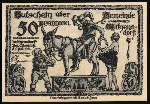 Notgeld Wittgensdorf 1921, 50 Pfennig, Karikatur eines Eselsritters und Dorfbewohner bei der Arbeit