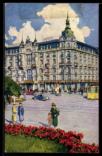 Künstler-AK Frankfurt /Main, Fahrig`s Hotel Bristol am Hauptbahnhof, Strassenbahn