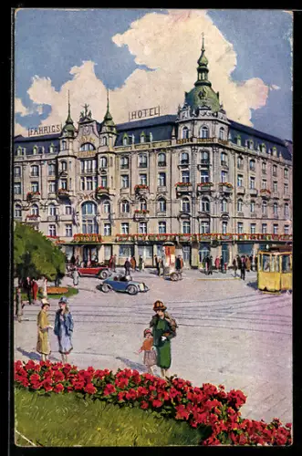 Künstler-AK Frankfurt /Main, Fahrig's Hotel Bristol, Strassenbahn