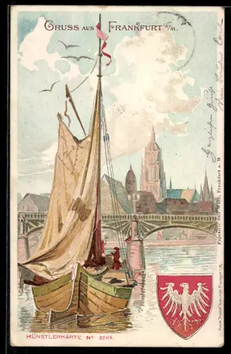 Lithographie Frankfurt, Ortsansicht mit Segelboot und Wappen
