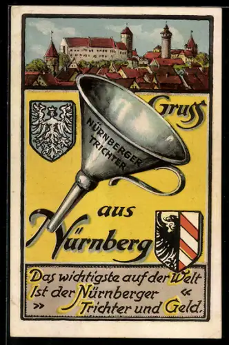 Künstler-AK Nürnberg, Teilansicht, Nürnberger Trichter