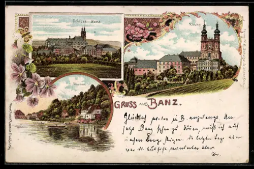 Lithographie Banz, Schloss Banz, Kirche, Hausen
