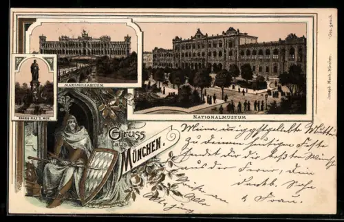Lithographie München, Nationalmuseum, Maximilianeum, König Max II.-Denkmal