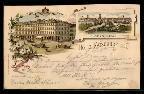 Lithographie München, Hotel Kaiserhof mit Pferdebahn, Teilansicht