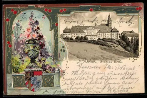 Lithographie Banz /Mainthal, Schloss, Vase mit Blumen, Wappen