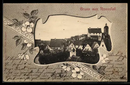 Lithographie Rossstall, Teilansicht, Blumen, Passepartout