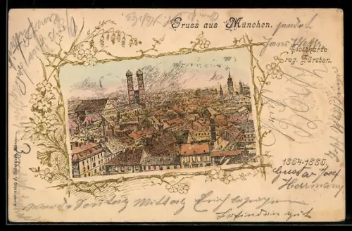 Lithographie München, Teilansicht mit Frauenkirche, Alpenblumen, Passepartout