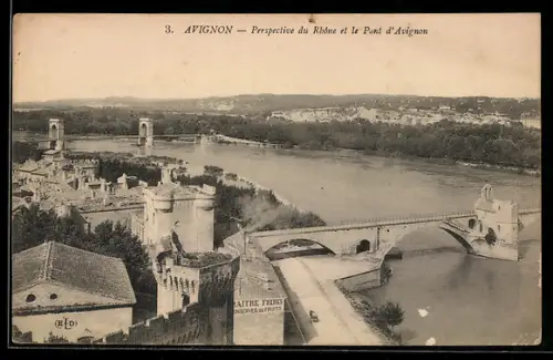 AK Avignon, Perspective du Rhône et le Pont d`Avignon