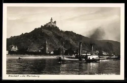 AK Braubach, Marksburg, Dampfschiff auf dem Rhein