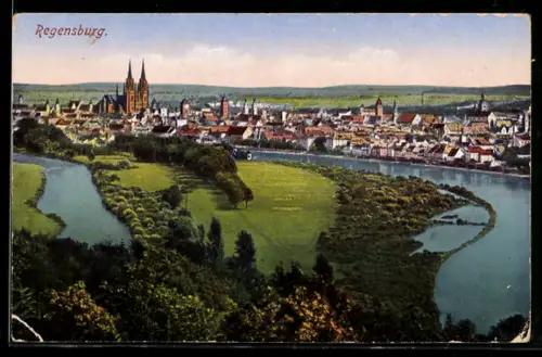 AK Regensburg, Stadtpanorama mit Dom und Donau