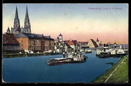 AK Regensburg, Partie an der Donau, Dom, Schifffahrt