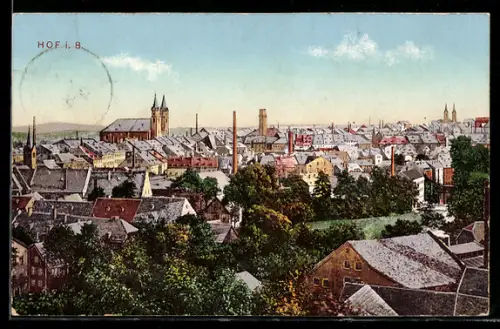 AK Hof i. B., Stadtansicht mit Kirchen und Fabrikschornsteinen