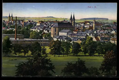 AK Hof i. B., Stadtansicht mit Kirche, Fabrik und Türmen