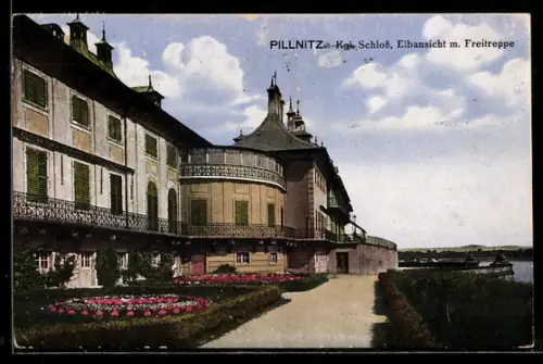 AK Dresden-Pillnitz, Schloss, Elbansicht mit Freitreppe