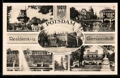 AK Potsdam, Sanssouci Neues Palais, Historische Mühle, Stadtschloss und Palast-Hotel