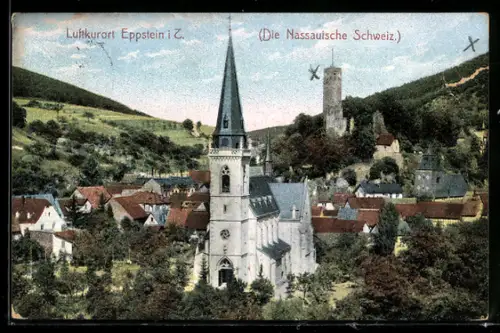 AK Eppstein i. T., Kirche, Burgruine, Ortsansicht