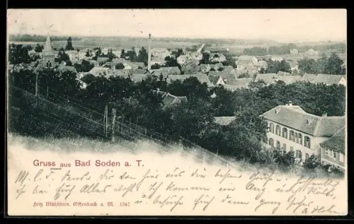 AK Bad Soden a. T., Ortsansicht mit Kirche und Fabrikschornstein