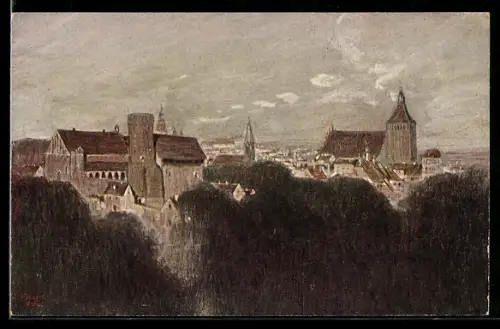 Künstler-AK Fritz Hass: Allenstein, Schloss mit Jakobikirche