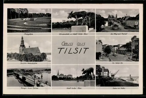 AK Tilsit, Thingplatz, Platz, Hafenpartie, Hohes Tor mit Strassenbahn u. 