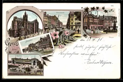 Lithographie Metz, Kathedrale, Felsenbäder, Bahnhof