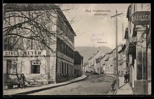 AK Bad Niederbronn, Hotel Ziegelmeyer und Pâtisserie in der Steinstrasse mit Wasenburg