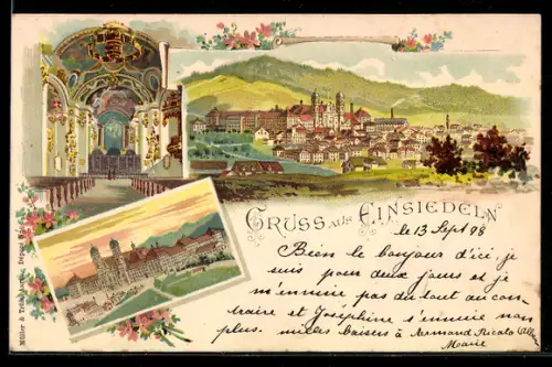 Lithographie Einsiedeln, Teilansicht mit Kloster, Inneres der Kirche