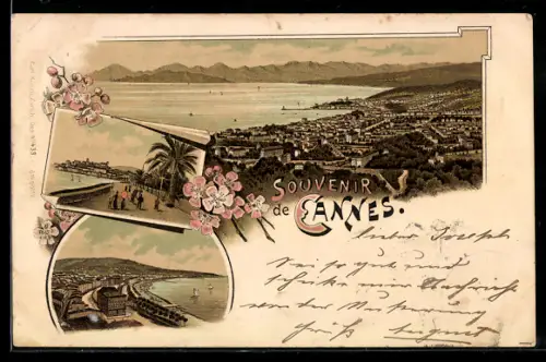 Lithographie Cannes, vue générale, Gesamtansicht, verschiedene Teilansichten