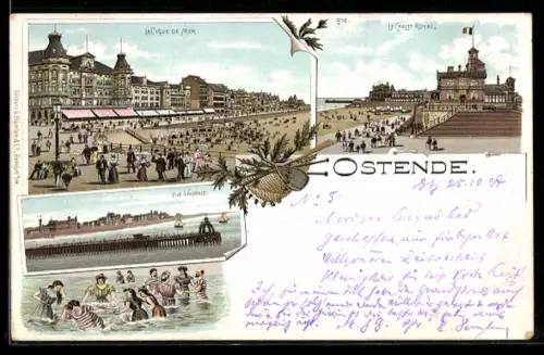 Lithographie Ostende, La Digue de Mer, Vue generale et le Chalet Royal