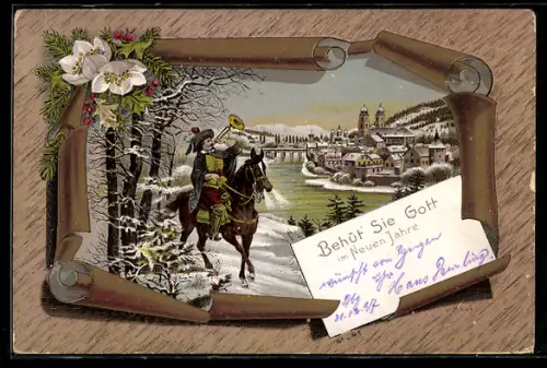 Winter-Lithographie Der Trompeter von Säckingen auf dem Pferd beim Abschied, Behüt Dich Gott!