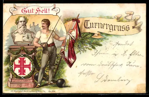 Lithographie Turner mit Fahne und Degen neben der Büste von Turnvater Jahn, Gut Heil