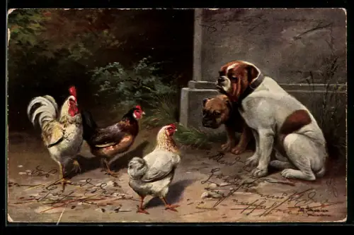 Künstler-AK Alfred Schönian: Hunde und Hühner im Hof