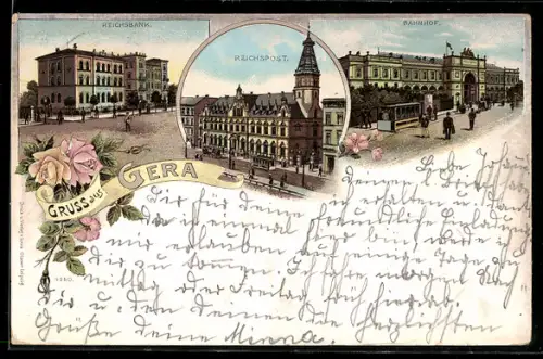 Lithographie Gera, Reichsbank, Reichspost und Bahnhof