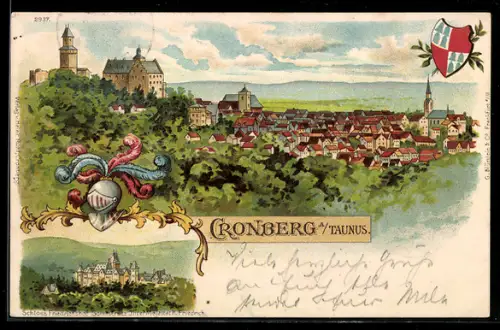 Lithographie Cronberg i. Taunus, Totalansicht, Wappen