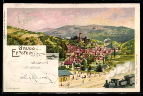 Lithographie Eppstein / Taunus, Panoramablick mit Eisenbahn