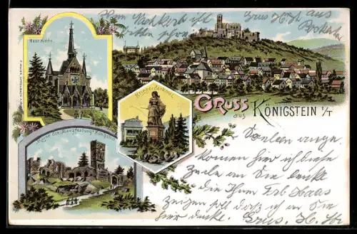 Lithographie Königstein i. T., Ruine der Bergfestung, Neue Kirche, Kriegerdenkmal