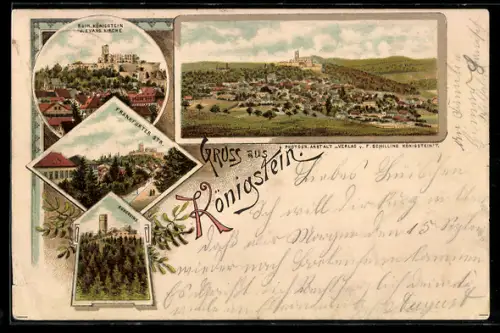 Vorläufer-Lithographie Königstein, 1895, Ruine und Evangelische Kirche, Frankfurter Strasse, Burgruine