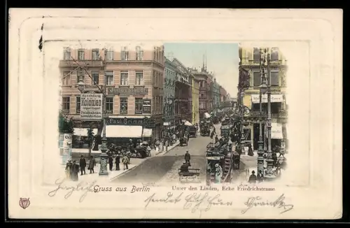 AK Berlin, Unter den Linden, Ecke Friedrichstrasse, Strassenszene