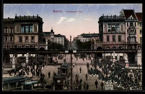 AK Berlin-Kreuzberg, Hallesches Tor, Strassenszene mit Strassenbahn und Apothekengebäude