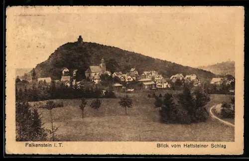 AK Falkenstein i. T., Blick vom Hattsteiner Schlag, Burgruine, Kirche, Ortsansicht