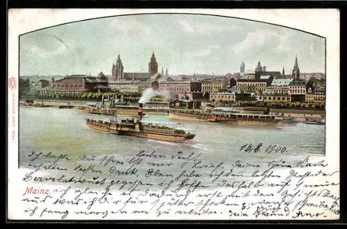 AK Mainz, Dom, Rheinufer, Dampfschiff