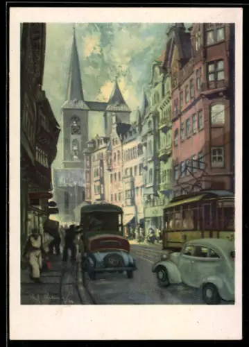 Künstler-AK sign. W. Ebeling: Halberstadt, Breiter Weg mit Strassenbahn und Kirche