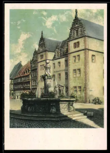 Künstler-AK sign. W. Ebeling: Halberstadt, Hauptzollamt und Brunnen am Holzmarkt