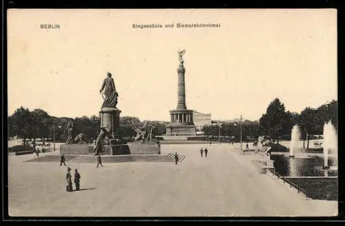 AK Berlin-Tiergarten, Siegessäule, Bismarckdenkmal, Brunnen