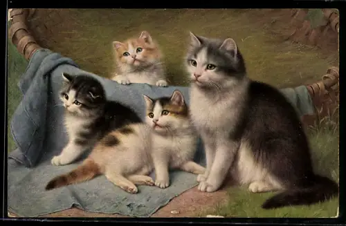 Künstler-AK Katzenmutter mit ihren Jungen