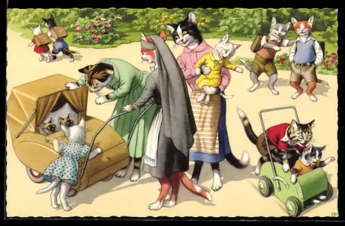 Künstler-AK Katzenmütter mit ihren Kindern im Park