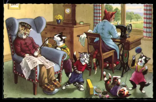 Künstler-AK Katzenkinder necken ihren eingenickten Grossvater, Grossmutter an der Nähmaschine